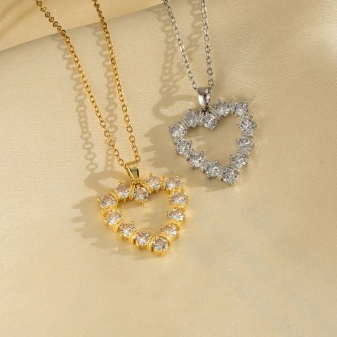 Heart Pendant Necklace Stainless Steel Hollow Zircon Inlaid Elegant Fashion Jewelry For Women