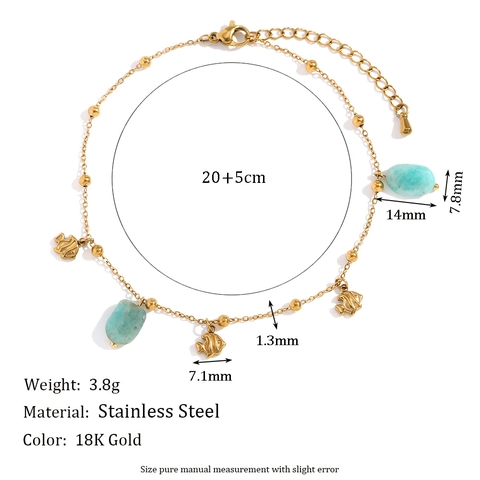 Ocean Fish Charm Anklet Women 18K Gold Plated Stainless Steel Natural Amazonite Stone Summer Beach Elegant Jewelry