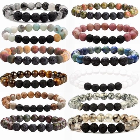 Natural Stone Volcanic Rock Beaded Bracelet Men Women Unisex Elastic Healing Energy Stone Jewelry For Daily Wear