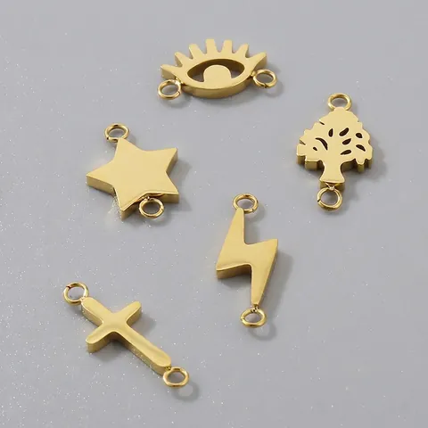 Stainless Steel Jewelry Connectors Gold Plated Cross Star Eye Lightning Tree Double Loop Charms For DIY Bracelet Necklace