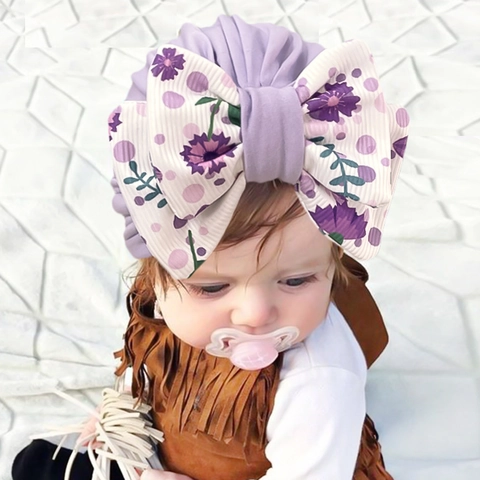 Baby Turban Hat Soft Elastic Beanie With Large Floral Bow For Newborn Infant Toddler Ruched Headwrap Solid Color