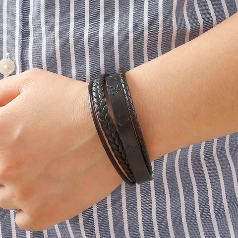 Vintage Braided Leather Bracelet Multi Layer Anchor Embossed Nautical Style Alloy Magnetic Clasp Jewelry For Men