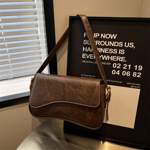 Womens PU Leather Underarm Bag Vintage Oil Wax Texture Asymmetrical Flap Shoulder Crossbody Purse Adjustable Strap