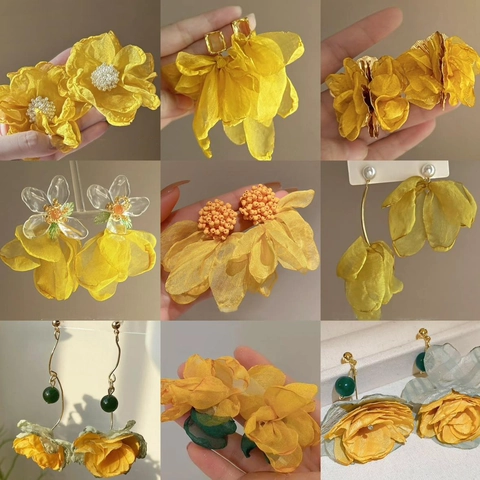 Yellow Flower Tassel Earrings Alloy Artificial Crystal And Fabric With Silver Earring Post Sweet Fresh Jewelry Women