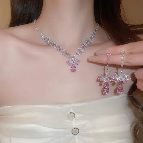 Elegante Collana E Orecchini Di Gioielli In Zircone A Goccia Con Perno In Argento Per Donna Matrimonio Lusso