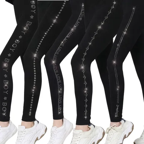 Women Leggings Rhinestone Side Decoration High Elastic Slimming Seamless Fleece Lined Ankle Length Black