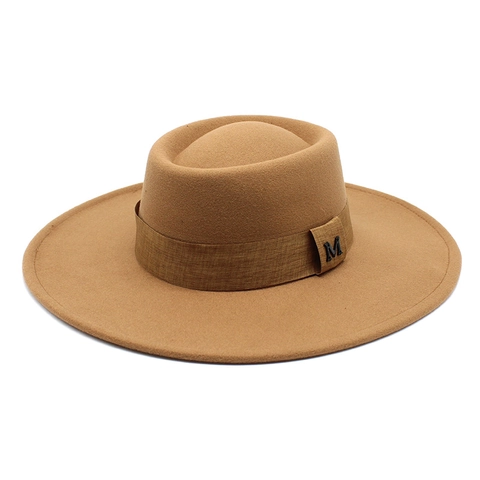 Wide Brim Fedora Hat Wool Felt Flat Top Vintage Retro Style With Metal Letter Decor For Men Women Winter Autumn