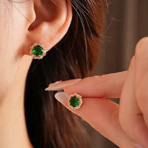 Boucles D'oreilles Halo Zircon Vert Émeraude Rond Vintage Avec Tige En Argent Sterling 925 Cuivre Plaqué Or Femme