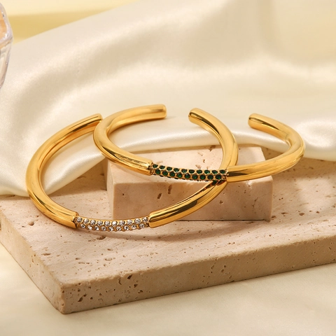 Edelstahl Armreif Offen 18K Vergoldet Geometrisch Mit Zirkonia Strass INS Stil Mode Schmuck Damen
