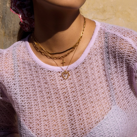 Hart Hanger Ketting Roestvrij Staal Verguld Zirkoon Accent Touw Textuur Holle Mode Sieraden Voor Vrouwen