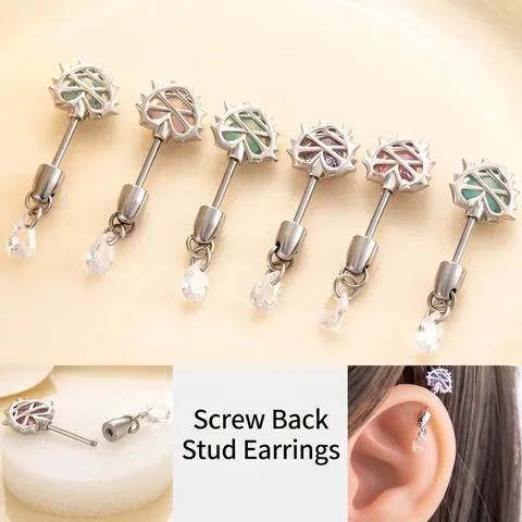 Titanium Steel Heart Cartilage Earring Stud With Zircon Teardrop Pendant Screw Back Small Niche Individual Jewelry For Women