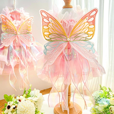 Pet Princess Wedding Dress For Dog Cat Butterfly Embroidery Lace Tutu Skirt Artificial Pearl Fairy Dress For Teddy Corgi