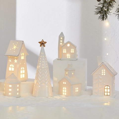 Leuchtende Keramik Weihnachtsbaum Und Haus Ornamente Mit Warmem LED Licht Goldener Stern Für Tischdekoration