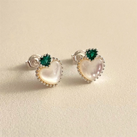 Herz Ohrstecker 925 Sterling Silber Perlmutt Grüner Zirkon Eleganter Vintage Stil Schmuck Für Damen