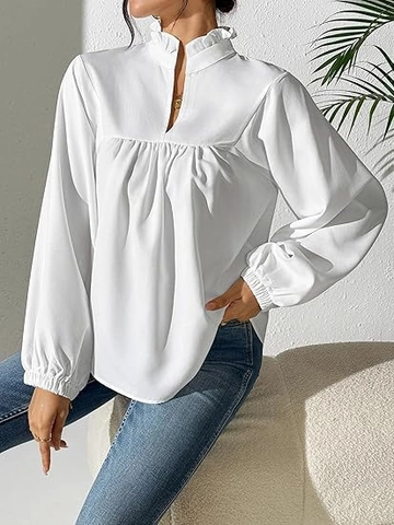 Elegante Dames Witte Polyester Blouse Ruches Opstaande Kraag V-hals Lantaarnmouwen Geplooid Commuter Shirt
