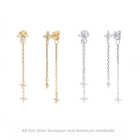 Orecchini a Goccia con Nappa a Fiore in Argento Sterling 925 Eleganti Orecchini a Catena Lunga con Zirconia Gioielli Quotidiani Minimalisti per Donna