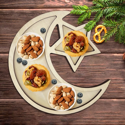 Wooden Moon Star Serving Tray Poplar Wood Ramadan Eid Mubarak Decorative Food Plate Middle Eastern Festival Party Home Decor