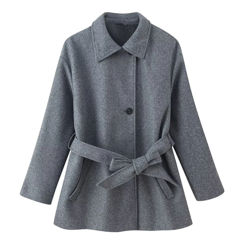 Women's Street Fashion Woolen Texture Coat Mid Length Lapel Belted Single Breasted Long Sleeve Solid Color Warm Jacket Outwear