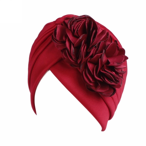 Women Solid Color Elastic Turban Hat Polyester Spandex Ethnic Large Flower Decor Ruched Headwear For Yoga Chemotherapy