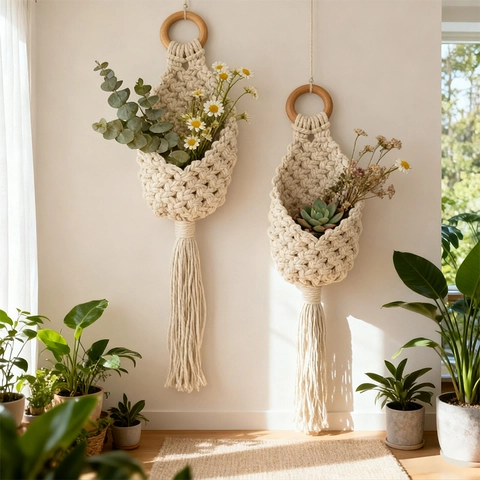 Cesto Appeso A Parete In Macramè Fatto A Mano Corda Cotone Arazzo Boho Porta Piante Tasca Portaoggetti Con Anello In Legno Nappa