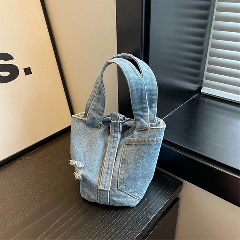 Damen Denim Eimer Tasche Gewaschen Distressed Handtasche Casual Streetwear Tote Pendeln Zerrissenes Design
