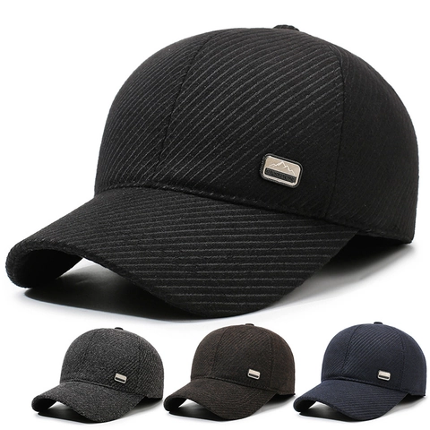 Men Winter Baseball Cap Warm Thickened Fleece Lined Ear Flaps Adjustable Cotton Woolen Outdoor Fashion Solid Hat