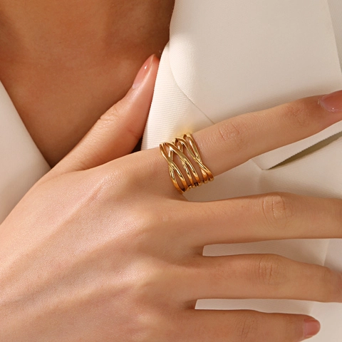 Edelstahl Ring 18K Vergoldet Mehrlagig Gekreuzte Linien Geometrisch Verstellbar Offen Minimalistischer Schmuck Für Frauen