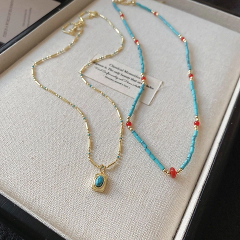 Collana A Strati Bohemien Vintage Turchese Sintetico Perline Choker Lega Pendente Rettangolo Gioielli Per Donna