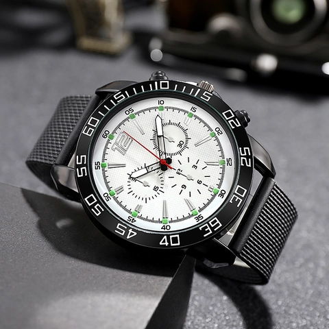 Men's Quartz Watch Luminous Business Casual Large Dial Mesh Strap Stainless Steel Alloy Case Chronograph Style