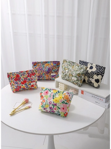 Floral Canvas Makeup Bag Portable Travel Toiletry Storage Pouch Zipper Handheld Cosmetic Case For Women