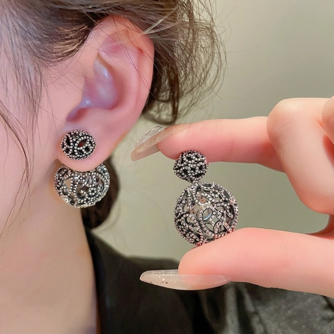 Pendientes De Bola Hueca Vintage Con Poste De Plata De Ley 925 Diseño De Doble Cara Frontal Trasera Filigrana Para Mujer