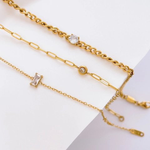 Women Titanium Steel Hollow Chain Bracelet Rectangular Round Zirconia Anklet Gold Plated Fashion Elegant Jewelry Gift