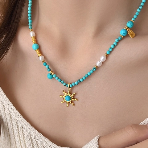 Collana Con Ciondolo A Sole Con Perline In Pietra Turchese E Künstliche Perle Imitazione Dorato Gioielli Bohemian Vintage Per Donna