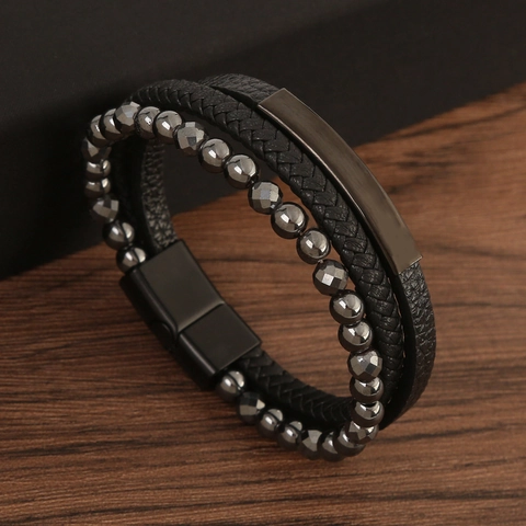 Multi Layer Braided Leather Bracelet Stainless Steel Magnetic Clasp Hematite Beads Punk Vintage For Men