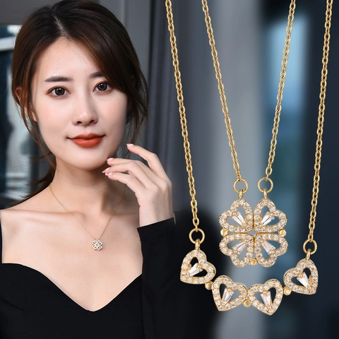 Clover Necklace Titanium Steel Transformable Heart Magnetic Pendant Box Chain Elegant Jewelry For Women