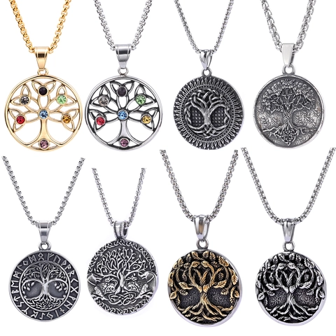 Vintage Tree Of Life Stainless Steel Pendant Necklace Viking Norse Mythology Style Jewelry For Men And Women