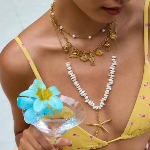 Collar Con Colgante De Estrella De Mar Acero Inoxidable Chapado En Oro 18K Texturizado Piedra Natural Joyería De Verano