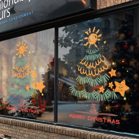 Christmas Tree Window Sticker Static PVC Decal Merry Christmas Hand Drawn Art Style Glass Decoration Shop Festive Home