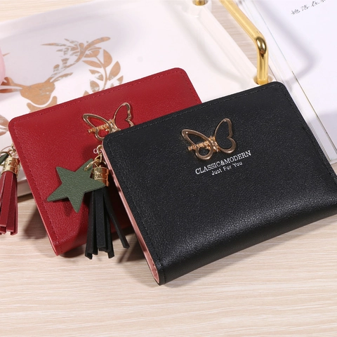 Women Short Wallet PU Leather Butterfly Buckle Tassel Zipper Multi Card Slots Simple Korean Style Fashion Minimalist Purse