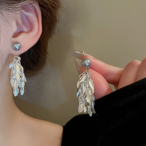 Elegant Alloy Leaf Tassel Drop Earrings With Grey Faux Artificial Pearl And Silver Earring Post