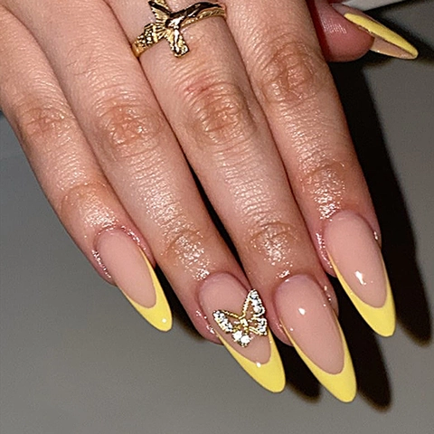 Faux Ongles Longs Amande French Manucure Jaune Avec Papillon En Strass 3D Ongles Artificiels Nude Rose