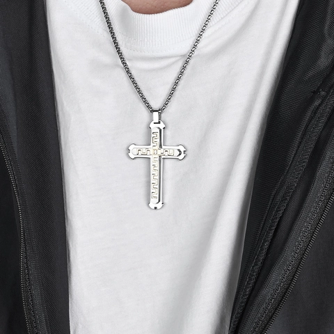 Collana Con Pendente A Croce In Acciaio Inossidabile Da Uomo Con Motivo Chiave Greca Design A Strati Gioielli Retro Hip Hop Punk