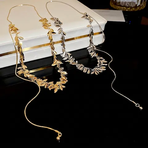 Wheat Ear Tassel Necklace Alloy Metallic Leaf Shape Chic Clavicle Chain For Women Elegant Accessory