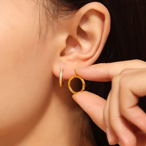 Piccoli Orecchini A Cerchio Acciaio Al Titanio Con Zirconi Placcato Oro PVD Minimalista Gioielli Da Orecchio Per Donna