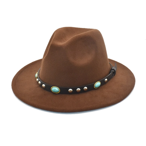 Wide Brim Fedora Hat Woolen Felt Ethnic Style With Turquoise Leather Belt Rivet For Men Women
