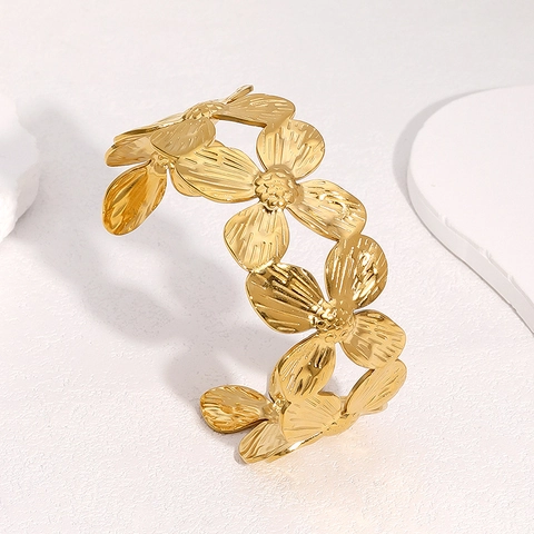 Brazalete Abierto Floral Acero Inoxidable Flor Hueca Brazalete Ancho Joyería De Moda Minimalista Mujer