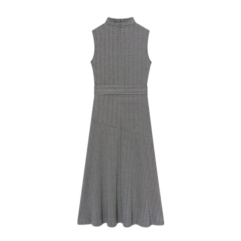 Ärmelloses Midikleid Damen Fischgrätenmuster Polyester Hochgeschlossenes Gürtel Elegantes Büro Outfit Mode