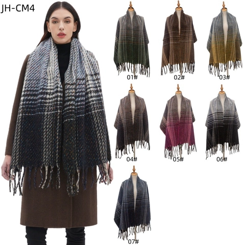 Écharpe D'Hiver Pour Femmes Motif À Carreaux Dégradé Châle Surdimensionné Chaud Avec Longues Franges Cache-Cou Mode