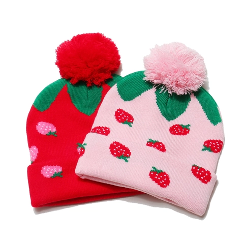 Kinderen Gebreide Beanie Muts Aardbeien Patroon Jacquard Acryl Winter Warm Pompon Meisjes Schattig