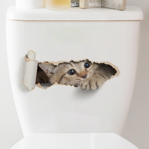Pegatinas De Tapa De Inodoro 3D Gato Perro Dibujos Animados PVC Impermeable Autoadhesivo Creativo Calcomanías De Pared Baño Divertido